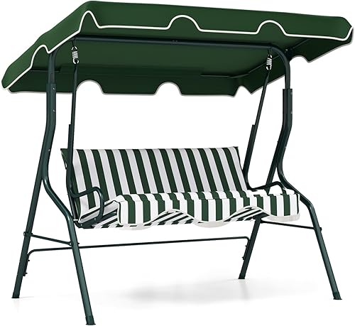 Miniatura 15 de RELAX4LIFE Silla de columpio para porche para 3 personas, columpio para exteriores con toldo ajustable, cojín extraíble y soporte de marco de metal,