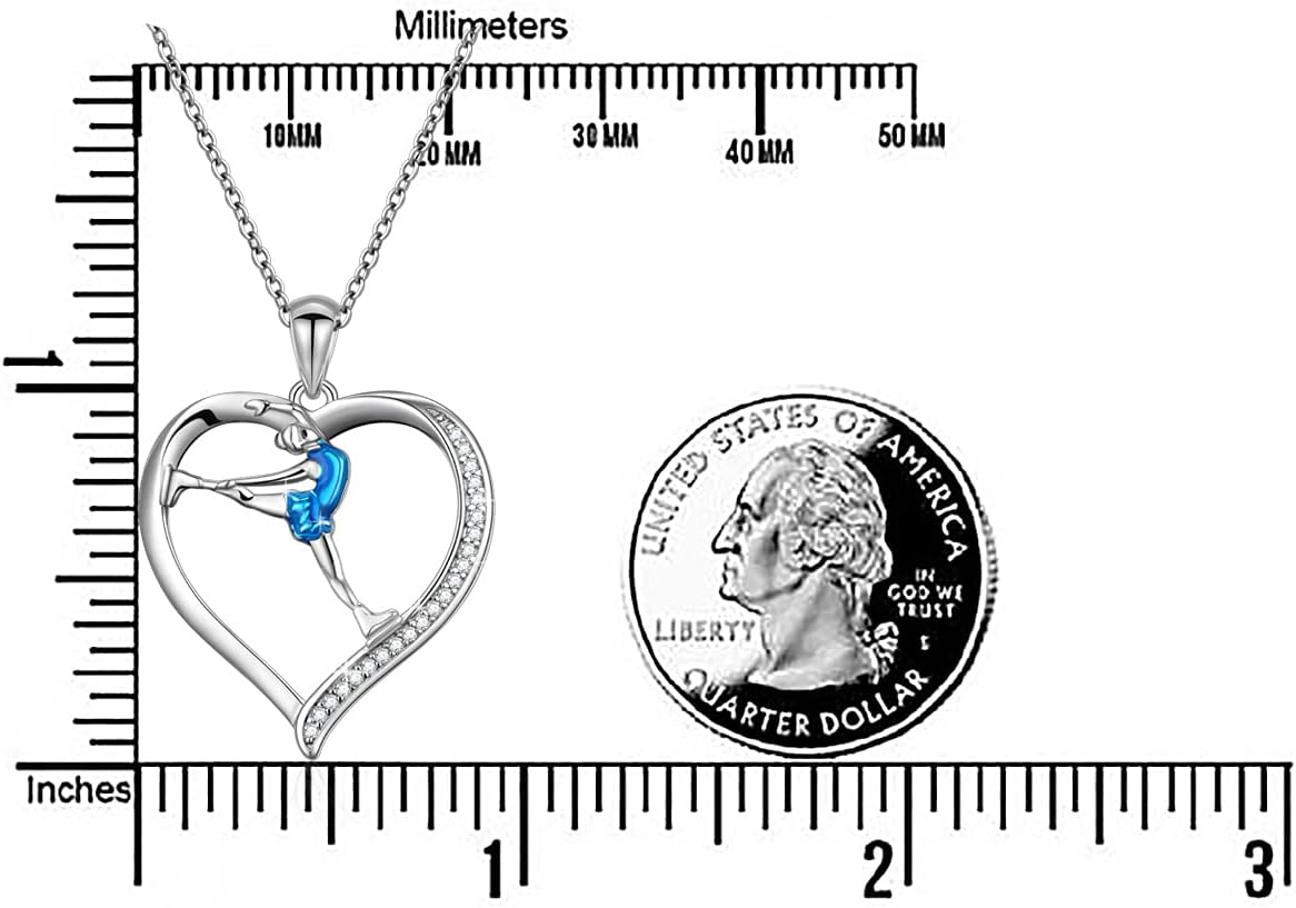 S925 Sterling Silver Ice Skating Sport Love Heart Charm Pendant Necklace Inspirational Jewelry Gifts for Women