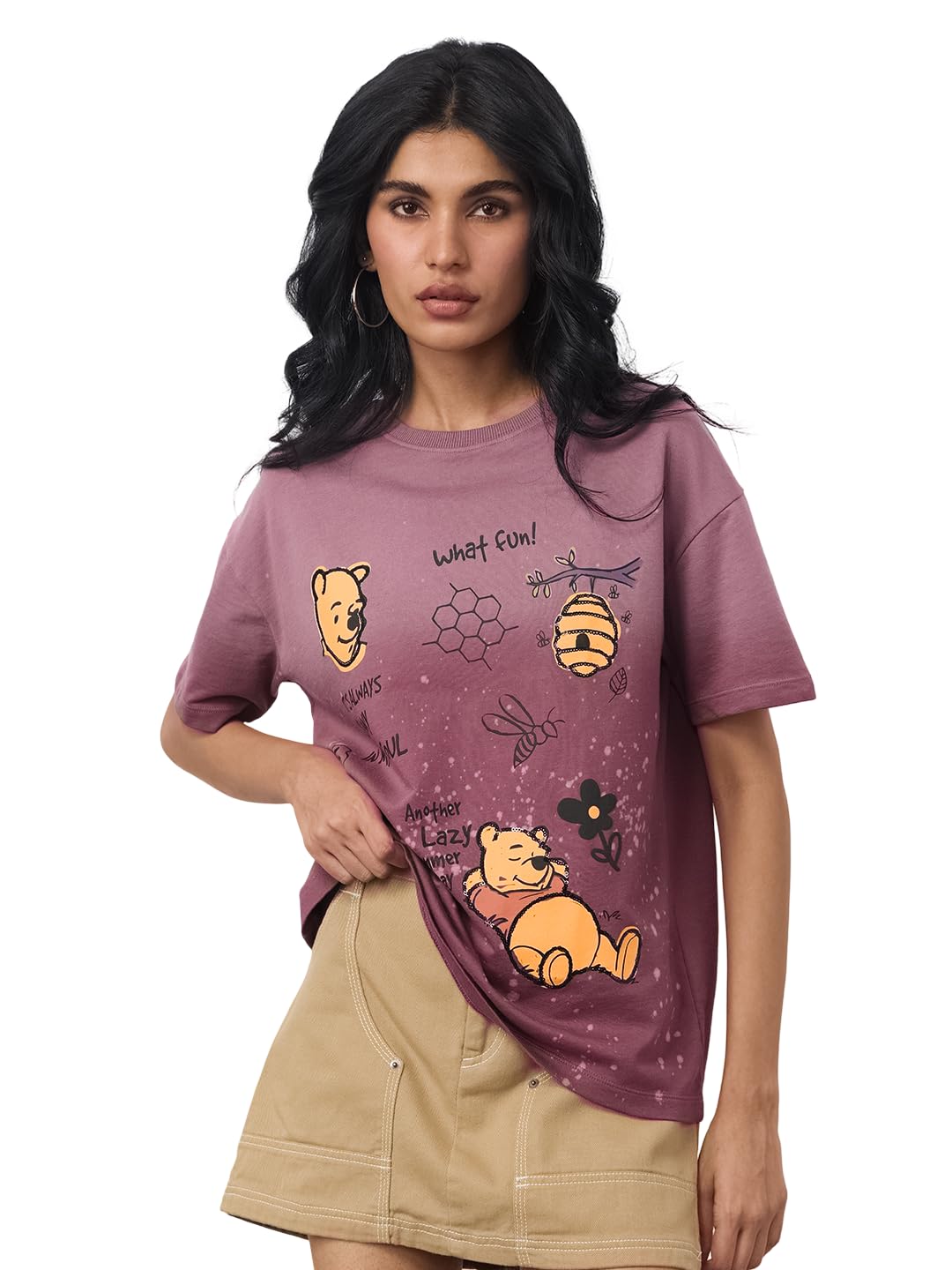 The Souled Store Winnie l'ourson : été jour femme et fille manches courtes col rond rose imprimé graphique coton léger quotidien streetwear surdimensionné