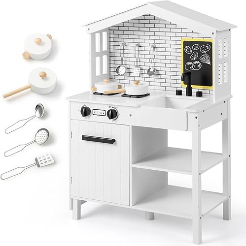 Cocina de madera de granja, juego de cocina para niños pequeños con sonido de pizarra de tiza y armario de almacenamiento, juegos de cocina para