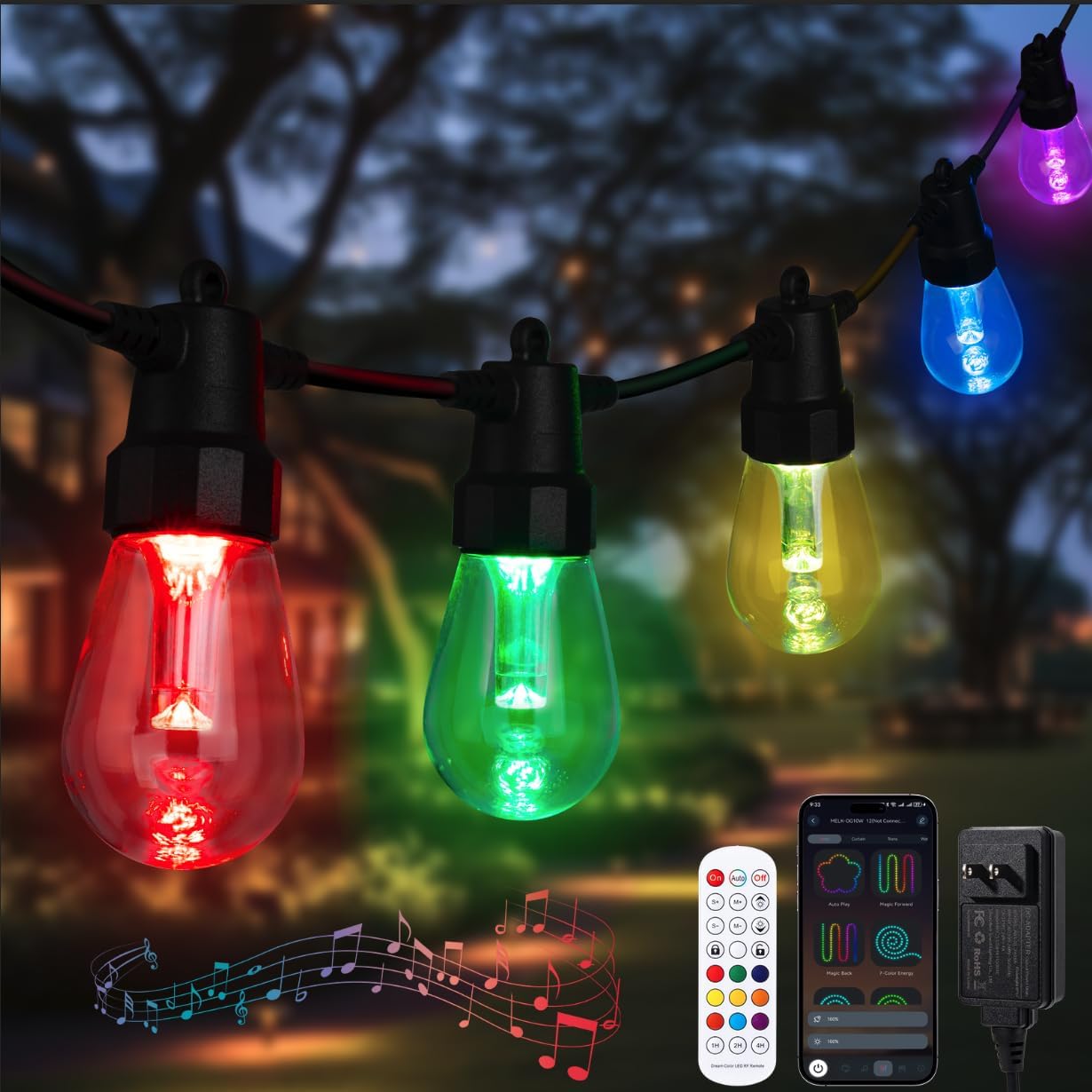 XHT Outdoor String Lights 49FT, Color Changing RGBW Patio String Lights with 15 LED Bulbs, App & Remote Control, IP66 Waterproof Shatterproof Backyard Lights