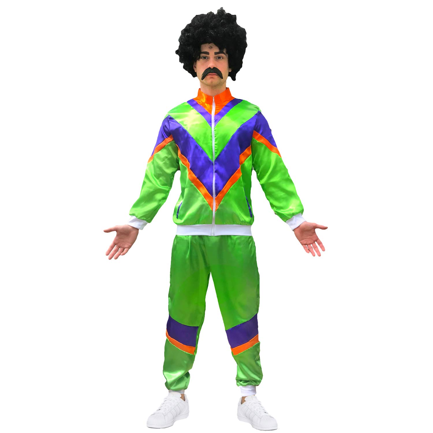 SoWest 80s Green Shell Suit Fancy Dress Bundle – Unisex Jacket, Trousers with Wig & Moustache | 80s Disco, Party, Carnival, Theme Parties for 1980s Dress Up Costume - XL
