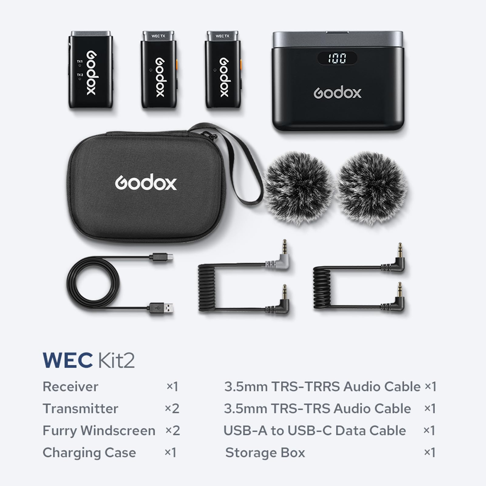GODOX WEC Kit2 - Sistema de micrófono inalámbrico de 2.4 G, cancelación de ruido, transmisión de 200 m, batería integrada con funda de carga para smartphone, cámara réflex digital, portátil de 3,5 mm