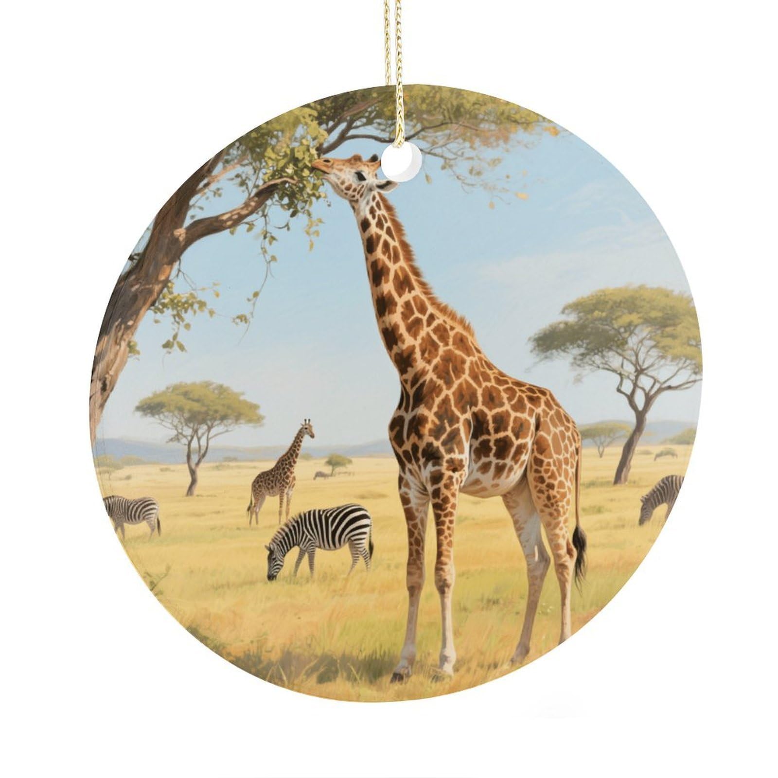 Fekiloot Style Giraffes Nibbling Leaves Christmas Ornaments 2.9 Inch Round Ceramic Ornament Keepsake Thank You Gifts For Office, Room, Home - Holiday Present Ideas