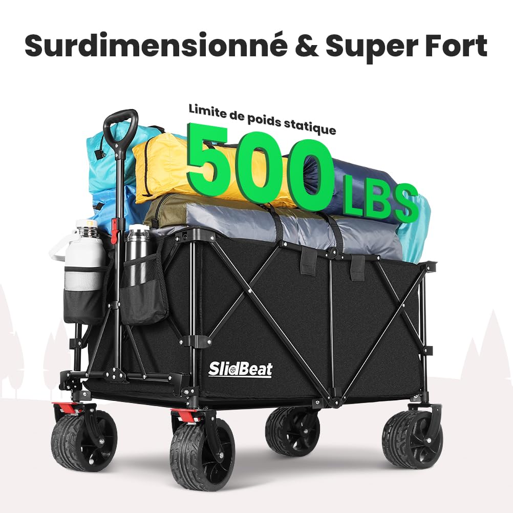 SLIDBEAT Chariot Tout Terrain Pliable - 226kg Capacité 300L, Roues XXL 18cm, Chariot Plage avec Freins, Structure Triangulaire Renforcée, Toile 600D Imperméable - Pour Plage, Camping, Peche, Transport
