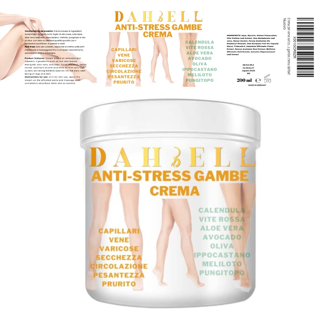 Crema per vene varicose capillari rotti circolazione gambe piedi pesanti gonfie e stanche idratante con vite rossa calendula ippocastano aloe vera rinfrescante gambe dahbell