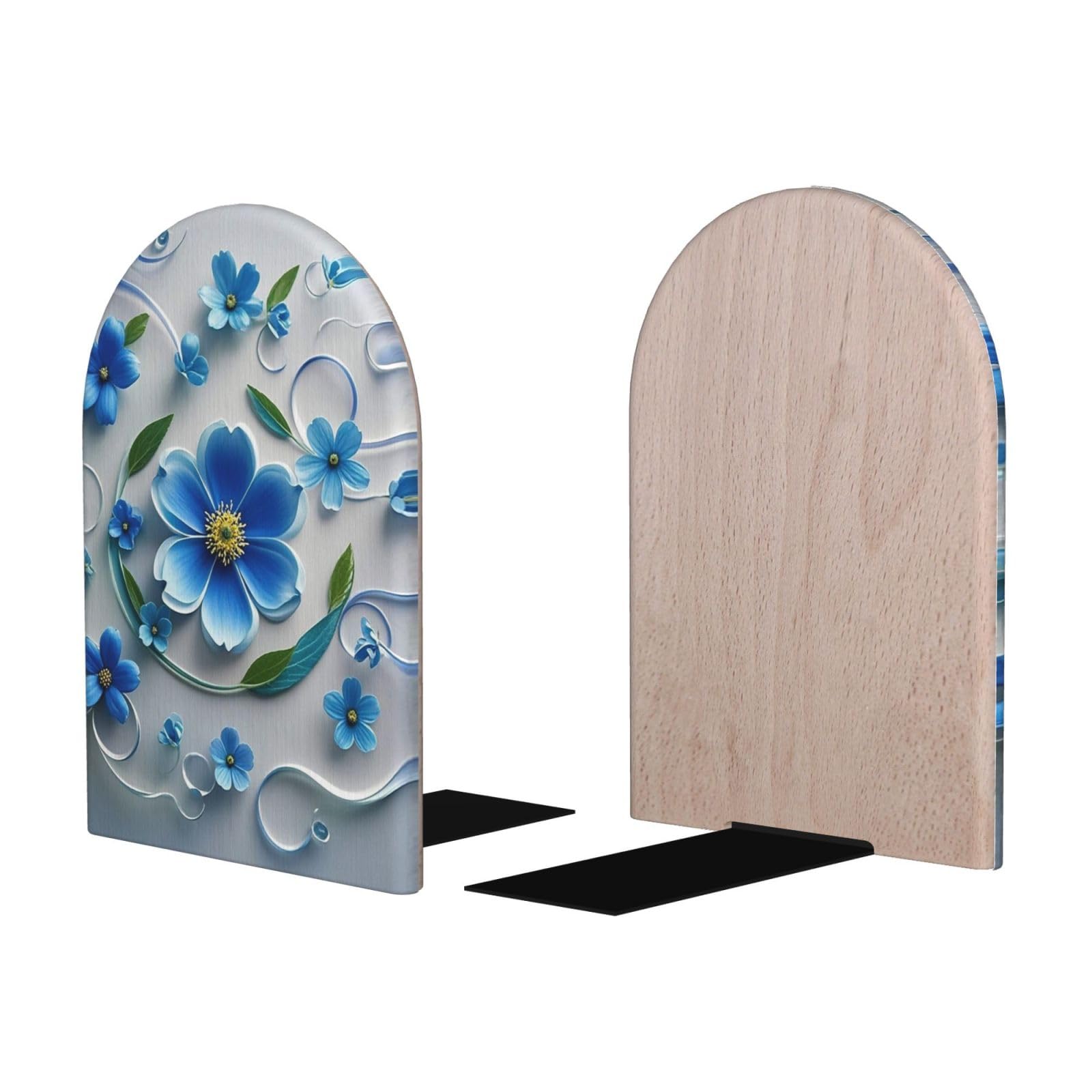 Serre-livres en bois antidérapants avec mini fleurs bleues décoratives