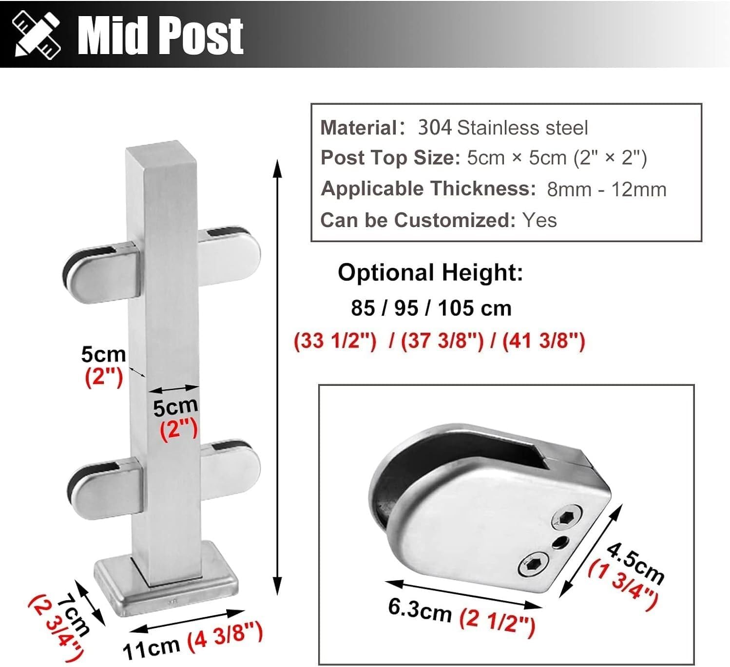 Glass Fence Fixing Rod Glass Balustrade Post Glass Panel Clamp Decking/Platform/Home/Balcony Glass Guardrail Pole（Mid Post-105cm）