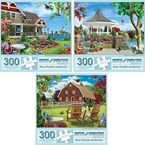 Bits and Pieces - Value Set of Three (3) 300 Piece Jigsaw Puzzles for Adults - Measures 18" x 24" - 300 pc Vibrant Blooming Branch House Countryside Comfort Flowers Summer Jigsaws by Artist Alan Giana