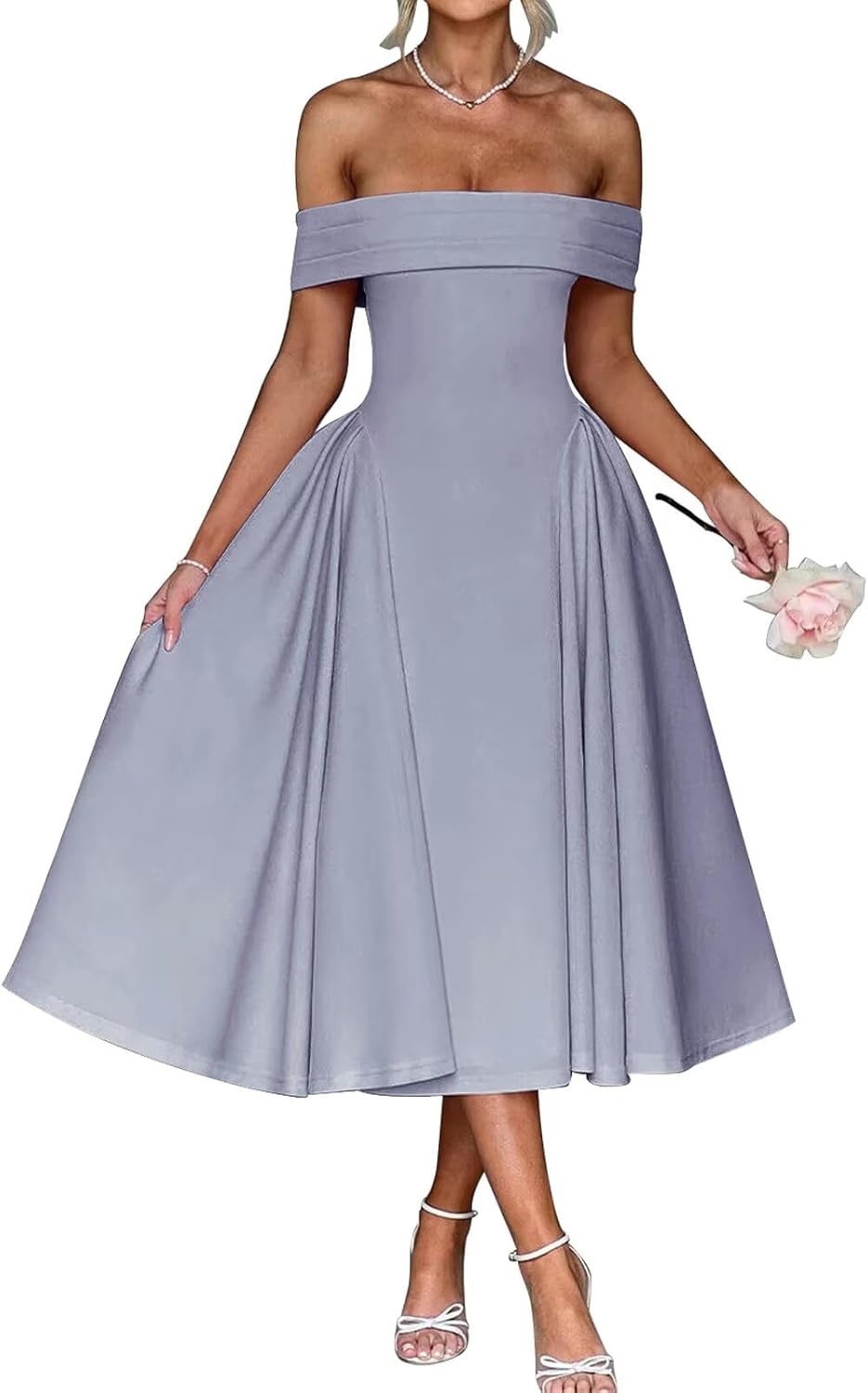 Satin Off The Shoulder Formal Midi Dress for Women A Line Ruched Tea Length Prom Party Dresses