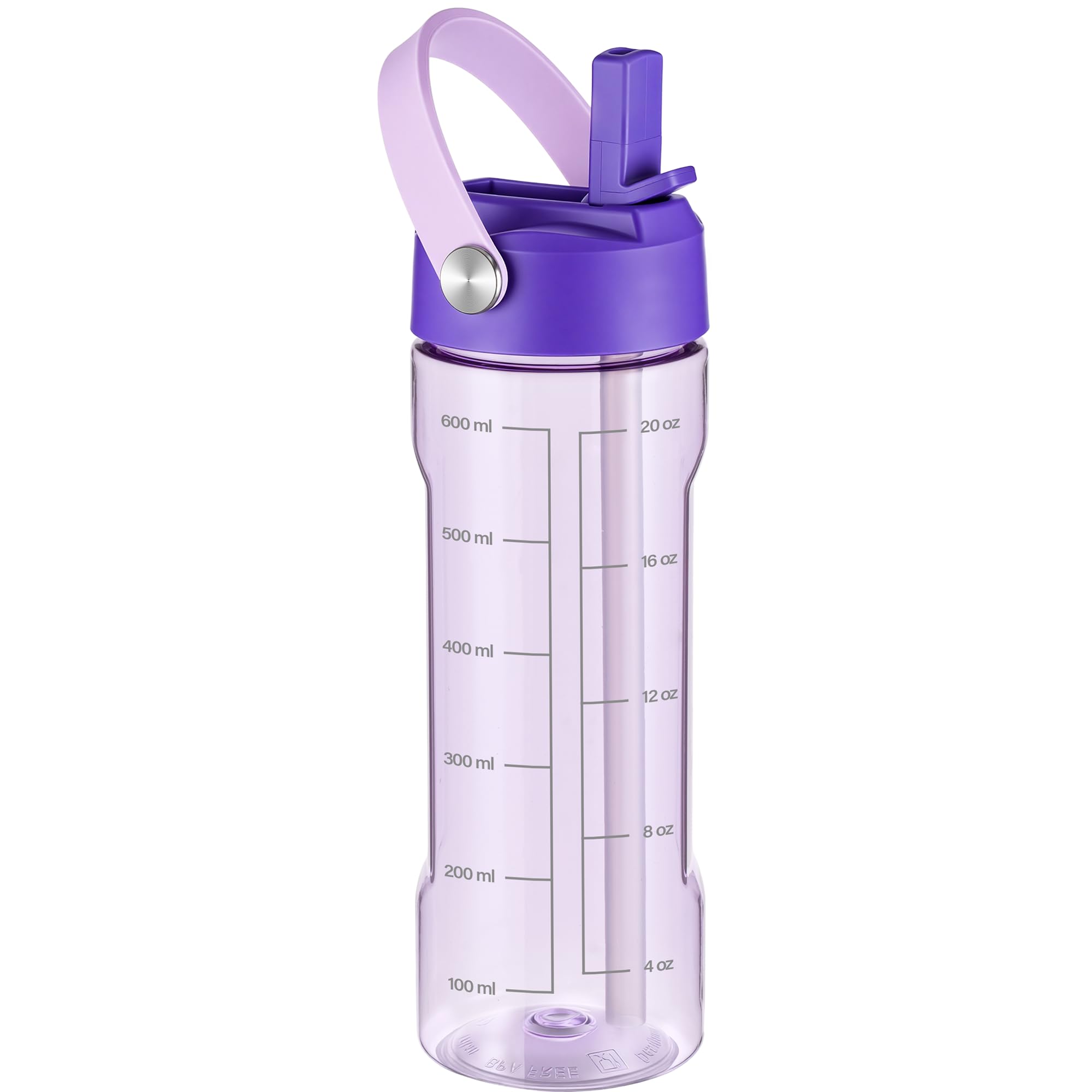GOPPUS 600ml/20oz Clear Water Bottle with Straw, Tritan Leakproof Sports Drinking Bottle, BPA Free Wide Mouth Gym Bottle with Handle and Measurement Marks for School, Gym, Travel (Purple)