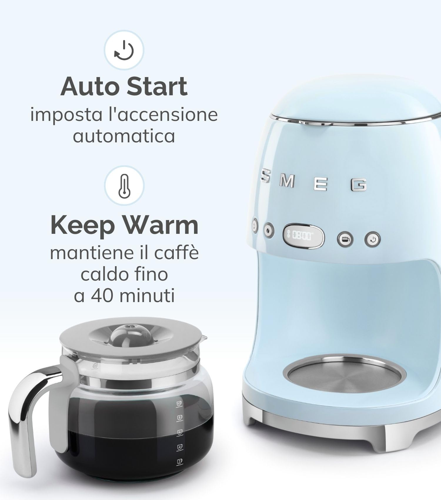 Smeg, Macchina da Caffè Filtro DCF02RDEU, Funzione Aroma e Autostart, Caraffa in Vetro Fino a 12 Tazze, 2 Livelli di Intensità, Modalità Keep Warm, 1050W, Rosso