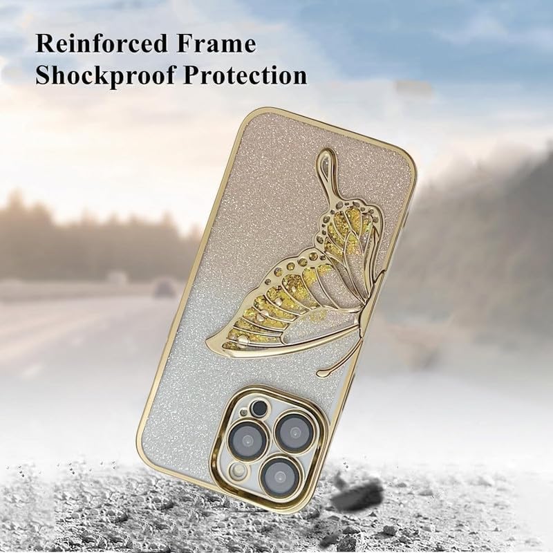 Image of MIDOS Thermoplastic Polyurethane Designed Compatible With iPhone 14 Pro Max Case With Glitter Cute Butterfly Plating Design Aesthetic Women Girls Cover For iPhone 14 Pro Max (Gold)