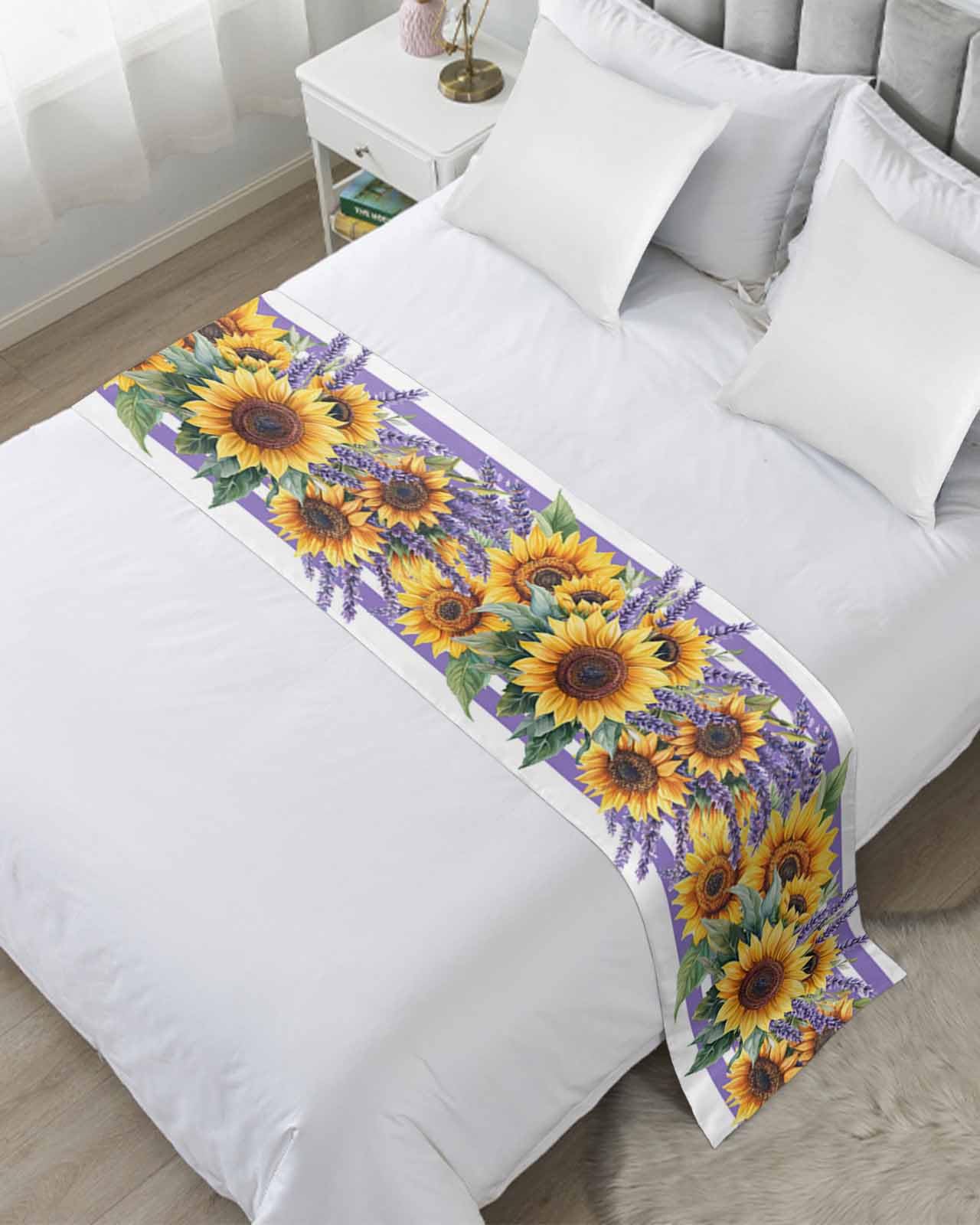 Twin Bed Runner Yellow Sunflower Pastoral Lavender Bedding Runner Scarves Decorative Bed Scarf, Watercolor Purple Stripe Soft Bedding Scarf for Bedroom Hotel Wedding 71x20in