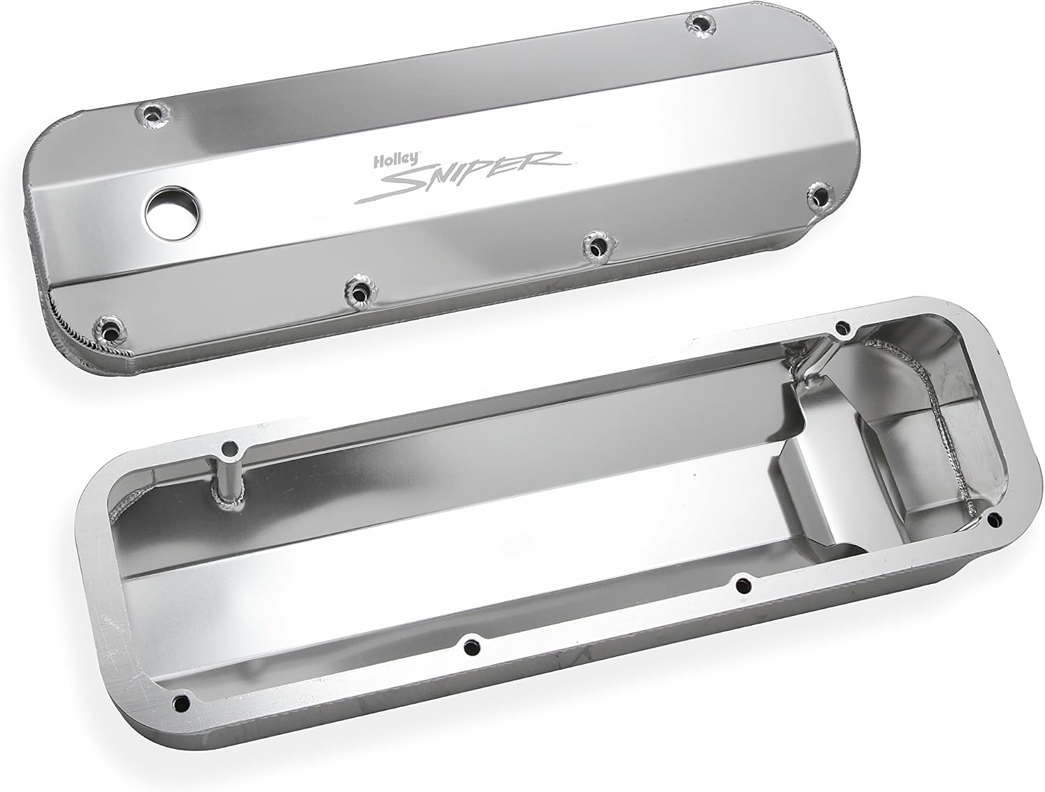 Holley Valve Cover, Sniper, Tall, Baffled, Breather Holes, Sniper Logo, Fabricated Aluminum, Silver, Pair