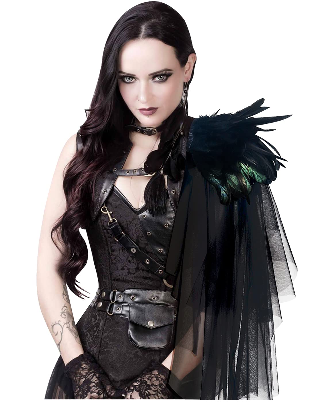 L'VOW Steampunk Natural Real Feather Irregular Mesh Epaulet Shrug Shoulder Strap Halloween Costumes