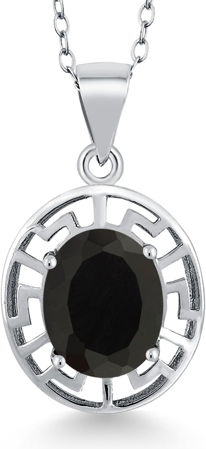 Gem Stone King 925 Sterling Silver 10X8MM Oval Gemstone Birthstone Necklace | Greek Key Pendant Necklace for Women | With 18 Inch Silver Chain