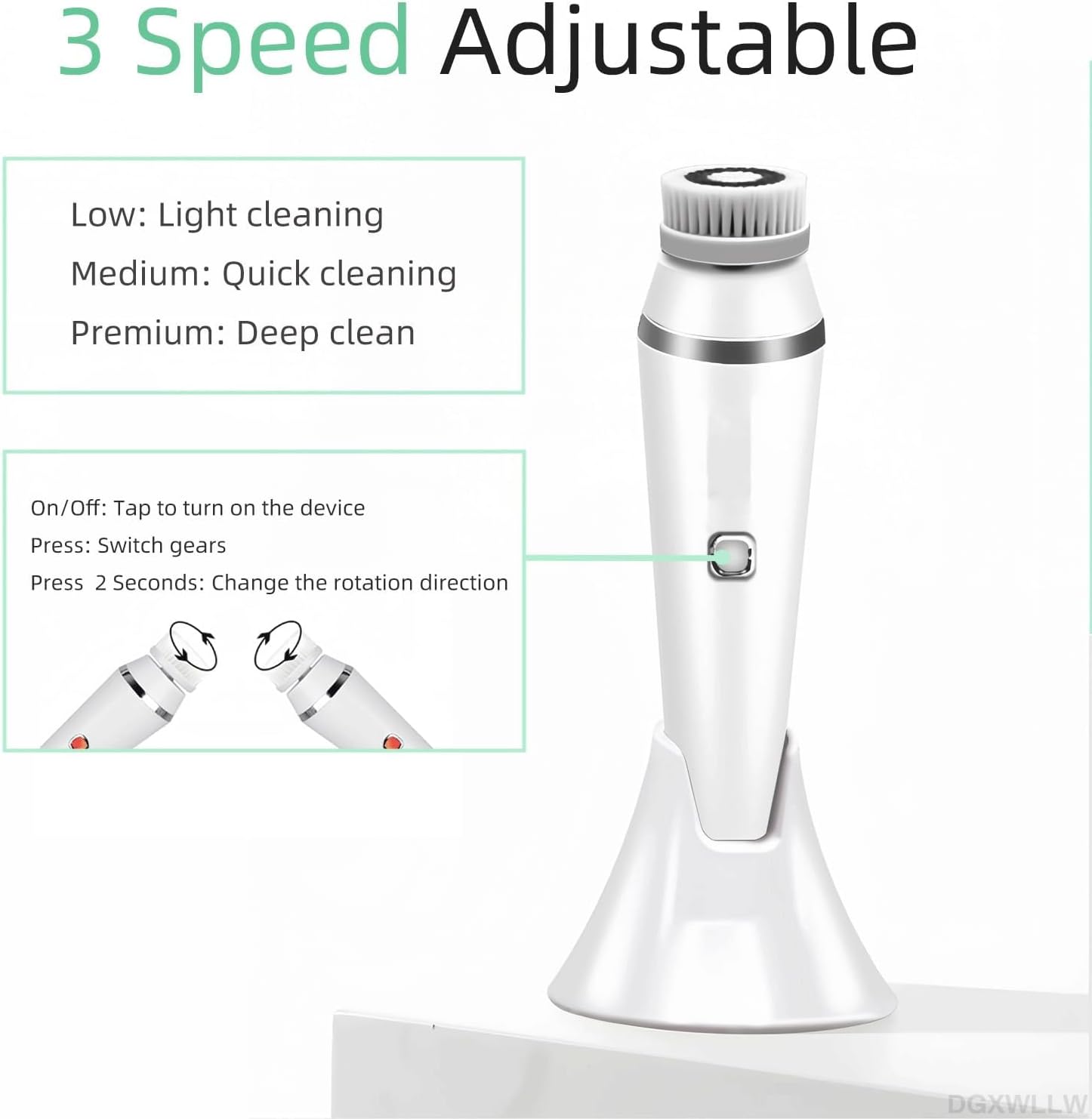 Facial Cleaning Brush, Rechargeable Electric Facial Scrub, IPX7 Waterproof, 3-Speed Adjustable, with 4 Brush Heads, Suitable for Deep Cleaning, Exfoliation, and Facial Massage(White)
