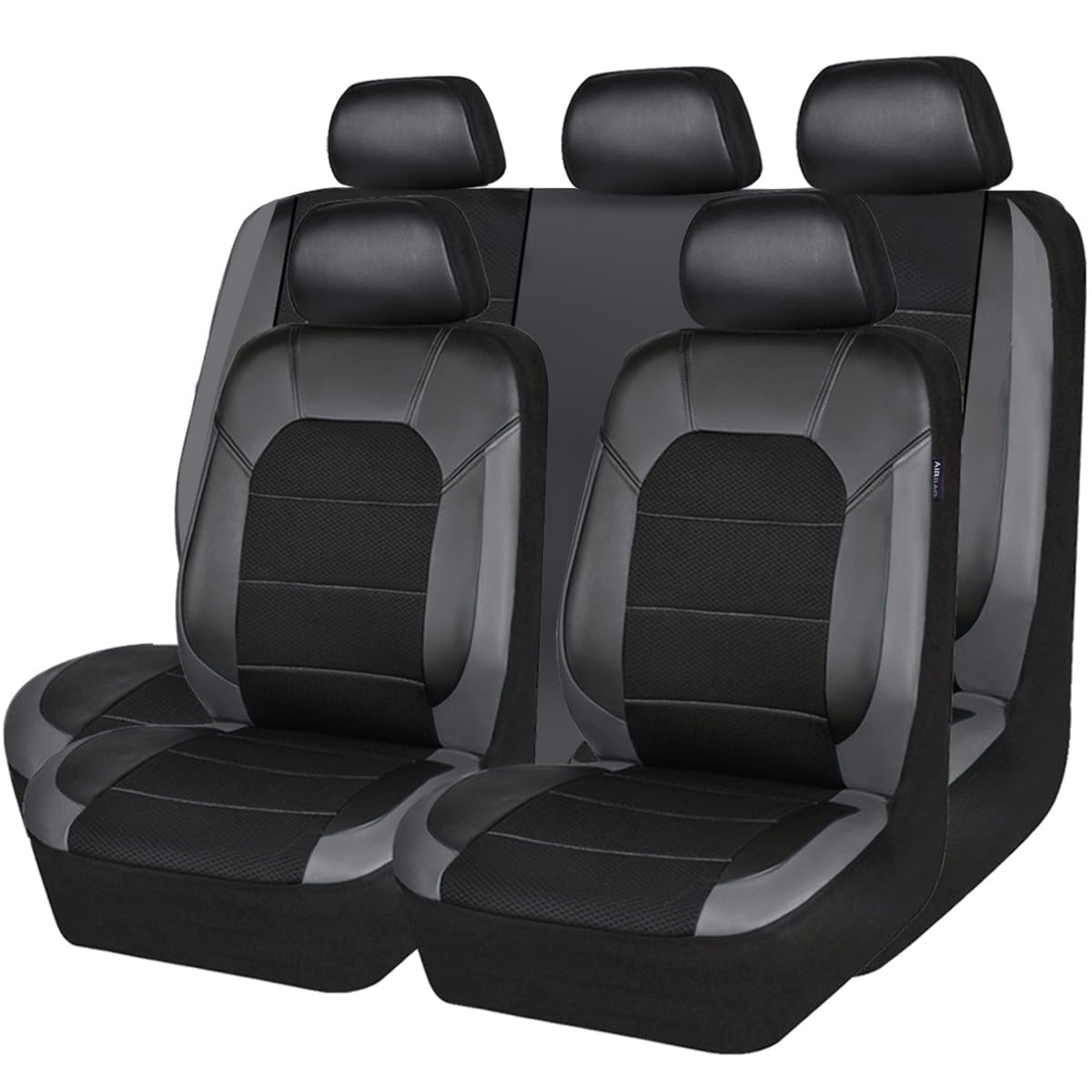 Leather Seat Covers, Automotive Sport Car Seat Cover Super 5mm Composite Sponge Inside, Airbag Compatible Universal Fits Most Cars, SUVs, Trucks and Vans (Full Set,Black & Gray)