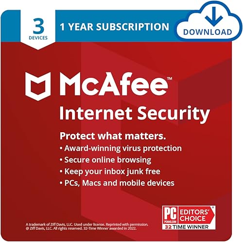 McAfee Seguridad de Internet 2022 3 dispositivos Software antivirus Administrador de contraseñas Suscripción de 1 año Código de descarga