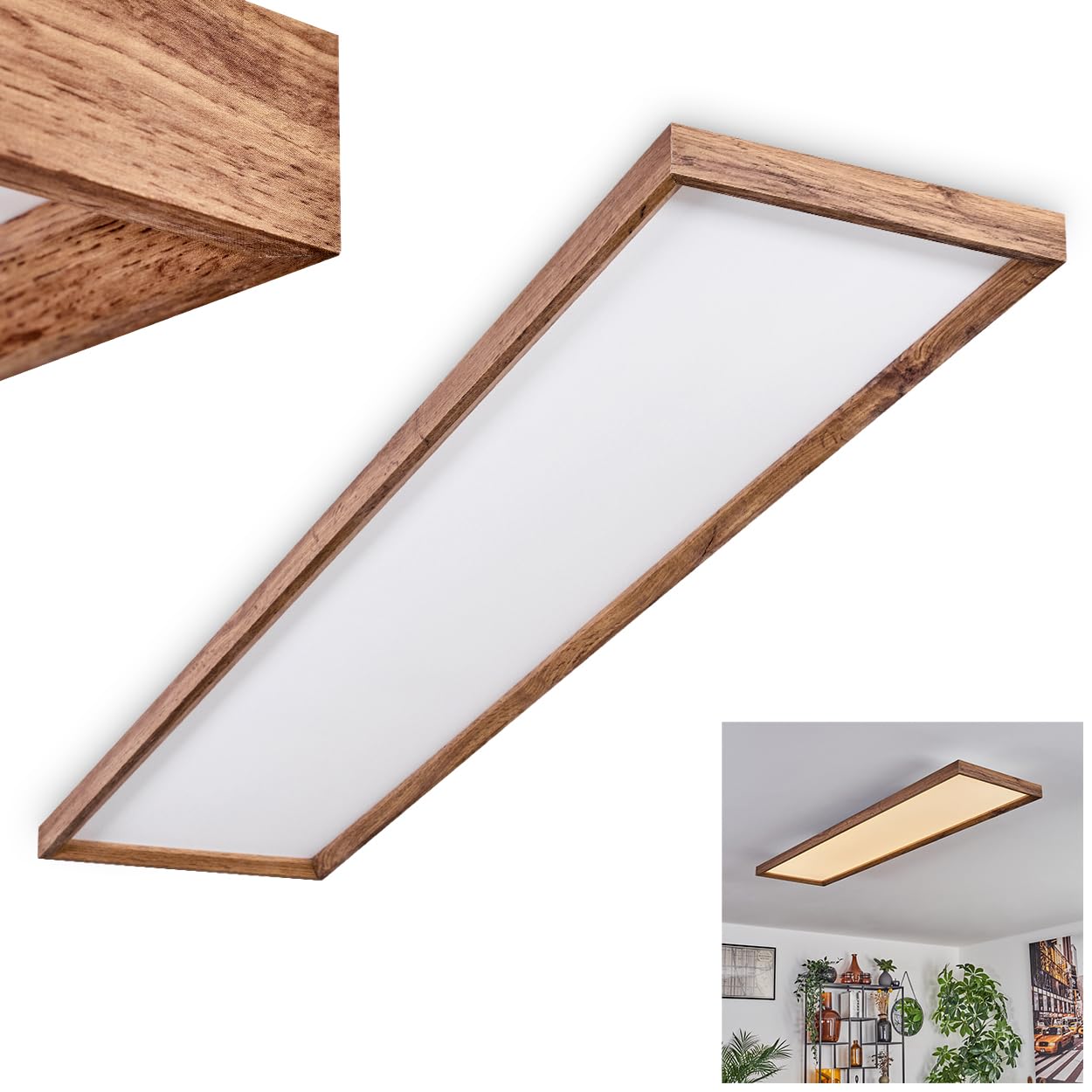 Hofstein Brown Led Ceiling Light Longvic, Modern Ceiling Light Made Of Metal/Mdf/Plastic In Black/Wood Look/White, 36 Watts, 4300 Lumens, 3000 Kelvin, Length 120 Cm