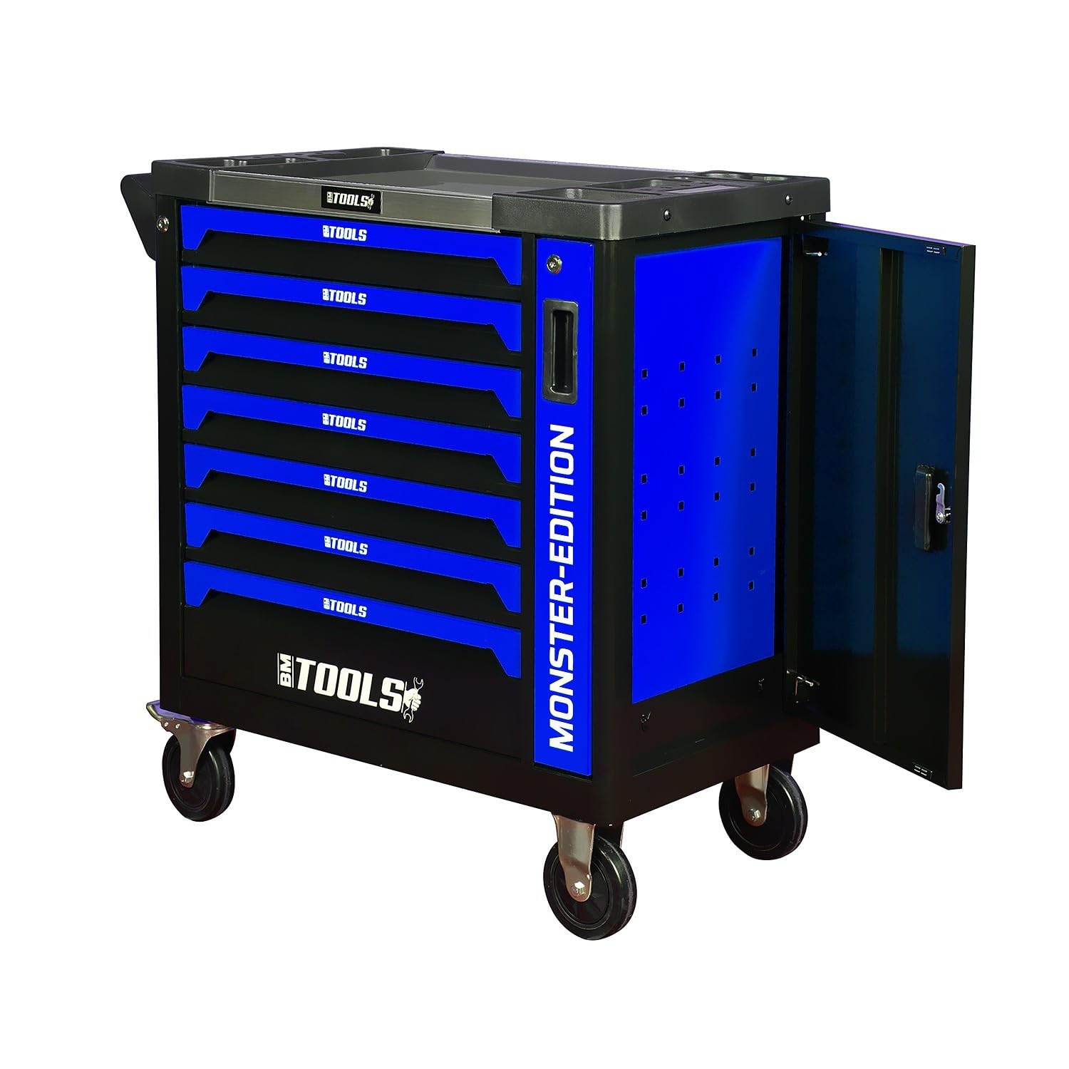 BM TOOLS Servante d'atelier 9/7 Monster-Edition-Blue 7 tiroirs Pleins, 1 Porte & 1 tiroir Vertical - 257 Outils - sur roulettes