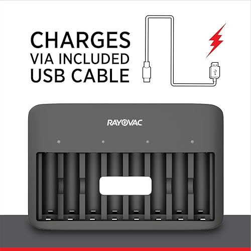 Miniatura 3 de Rayovac Cargador de batería USB, cargador de 8 bahías para baterías recargables NiMH AA y AAA, cargador rápido para baterías con apagado automático