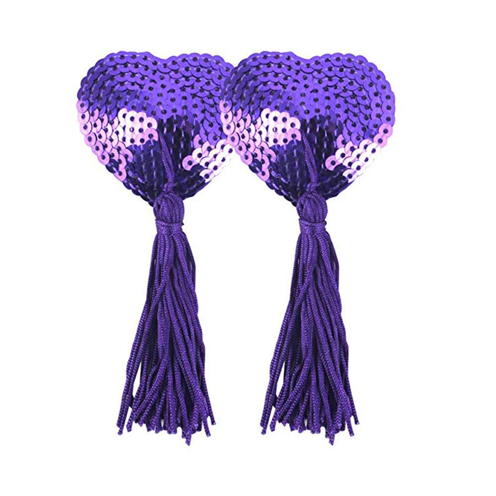 Sunnee Women's Violet Bra With Tassel, Reusable Sequins Adhesive Nipple Cover Heart Shape Breast Petals Pasties (Purple)