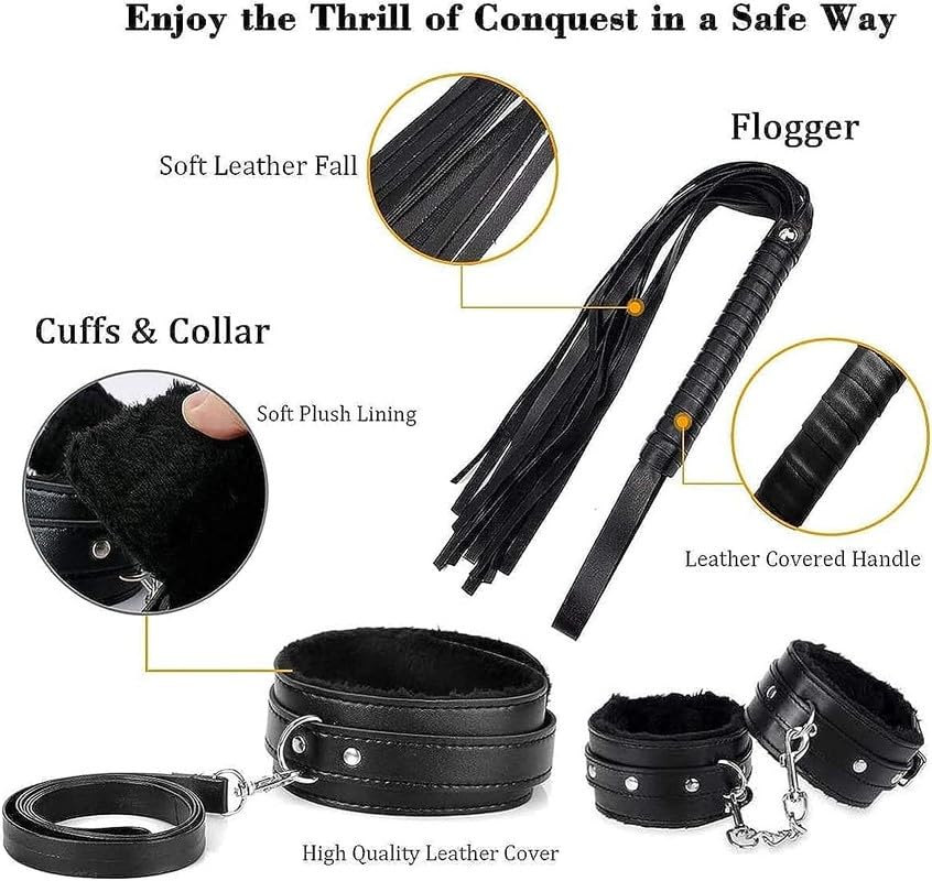Sex Bondaged 10 Pezzi Regolabile in Pelle Nera Combinazione Kit con Manette in Pelle Regolabile E Sex Piuma Bastone - D25