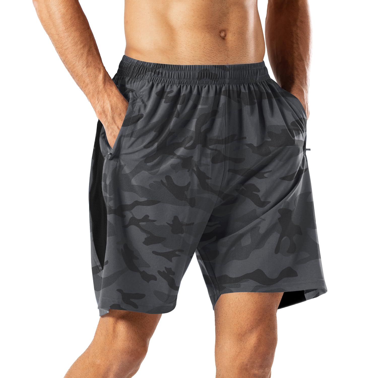 HMIYA Herren Sport Shorts Schnell Trocknend Kurze Hose mit Reißverschlusstasch