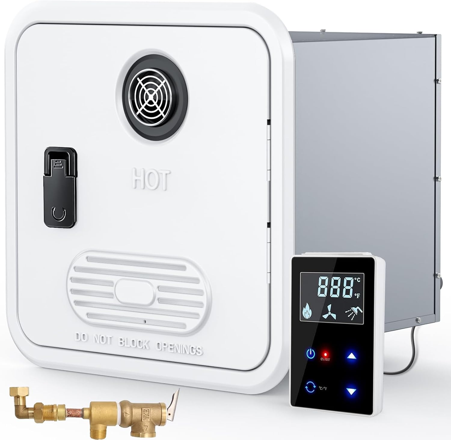 RV Tankless Water Heater, High Altitude Available, with White Door and Controller, DC 12V, On Demand Instant Hot Water Heater, With RV Extra External Water Outlet, Push-To-Open Door