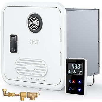 AMZCHEF RV Tankless 65,000BTU Water Heater,CSA Certificated,3.9 GPM Water Heater, with 15 x 15 inches Black Door and Remote Controller,12V,5000FT Endless Hot Water for RV