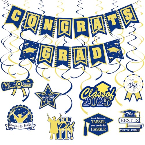 Blue and Yellow Congrats Grad Banner and 2026 Graduation Hanging Swirls, Congrats Grad Sign Decorations Congratulations Graduate Banner for Blue Yellow Graduation Party Decorations 2026