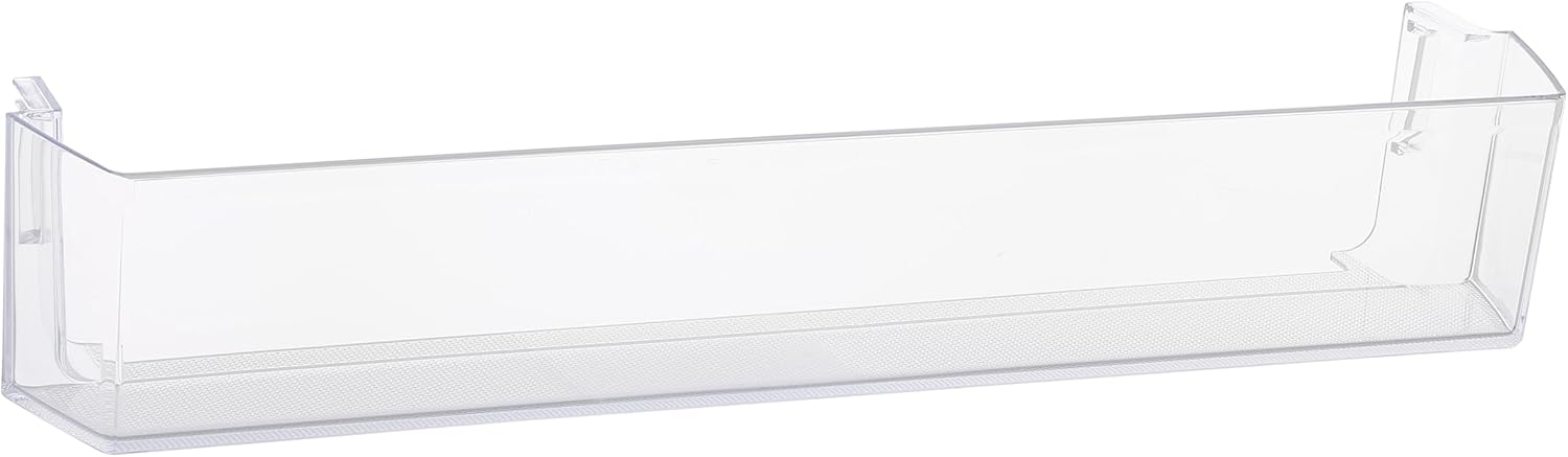 Angled view of refrigerator door shelf