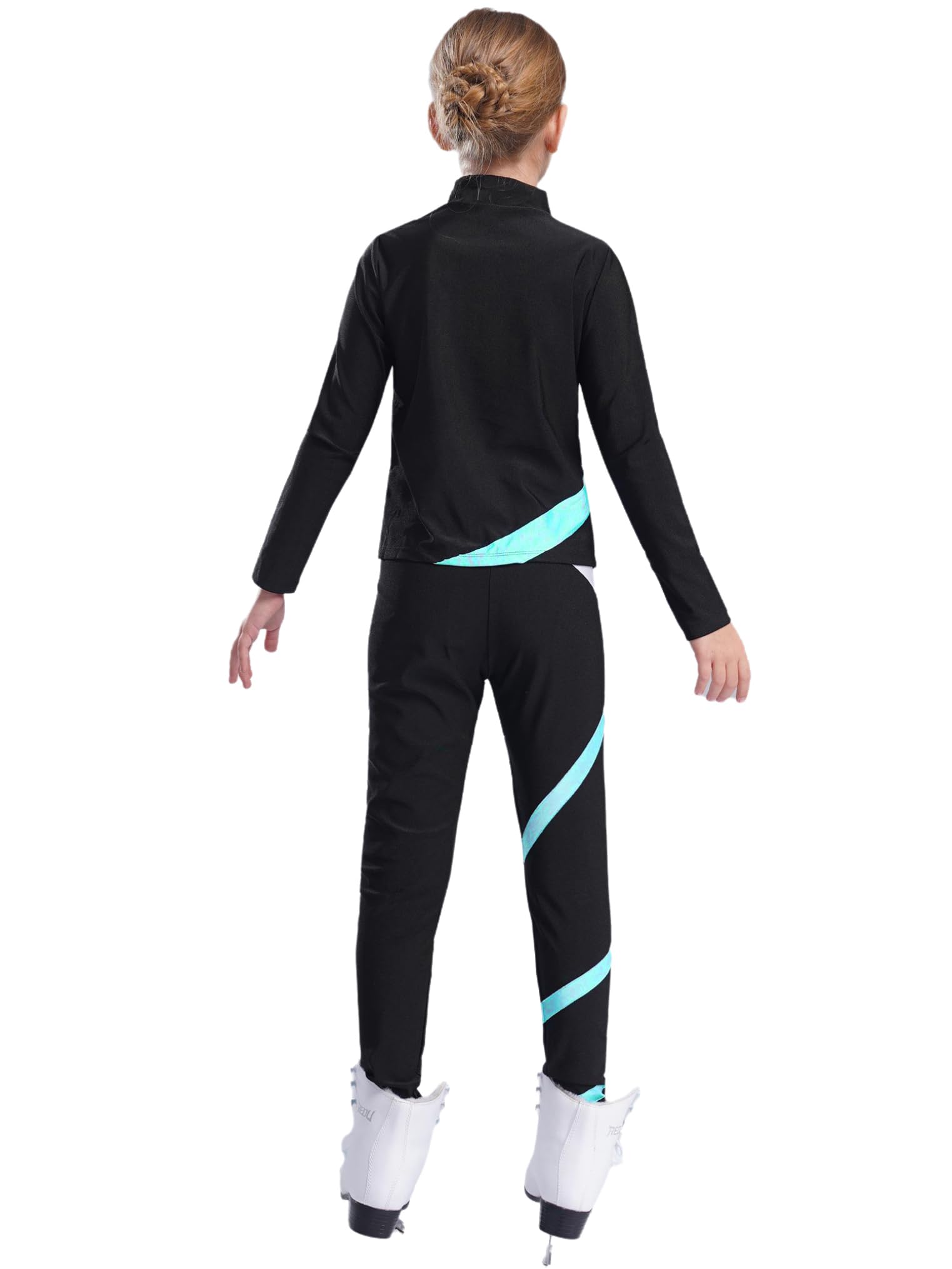 Freebily Kinder Trainingsanzüg Mädchen Eiskunstlauf Anzug Jacke Leggings Set Mit Strass-Stern Und Patchwork Eislaufen Sport Sweatsuit Tanzanzug Blaugrün 134-140