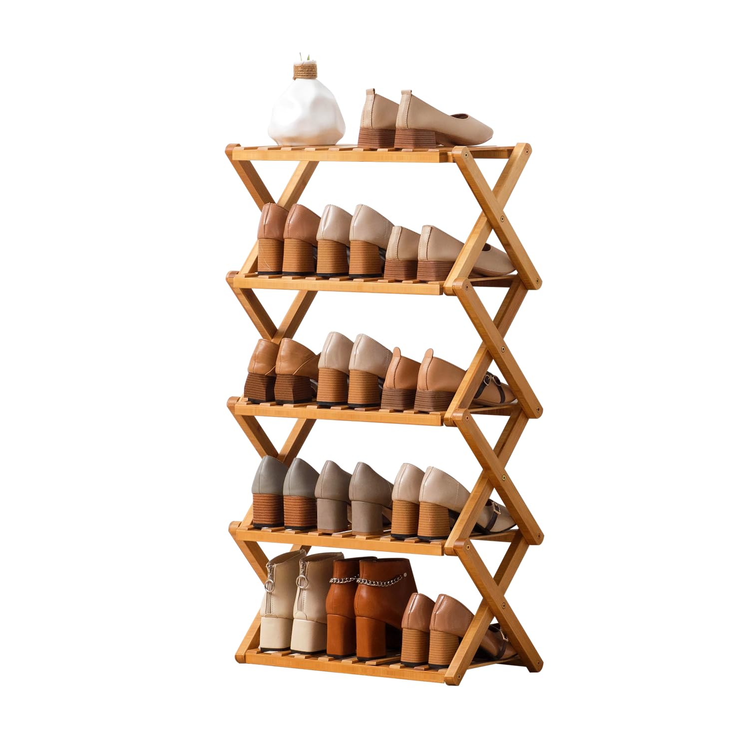 Scarpiera Pieghevole Salvaspazio in Bambù, Portascarpe 5 Ripiani | Senza Montaggio| Organizer Scarpe Compatto e Leggero per Ingresso, Casa e Ufficio| 50x25x90cm