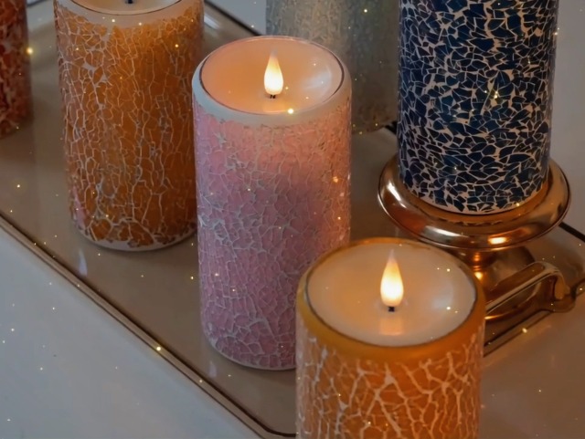 Image of Glass Flameless Pillar Candles Flickering with Remote Timer, Battery Operated LED 3D Moving Flame Real Wax Candles,Remote Included (Crimson Orange Cracked Glass)