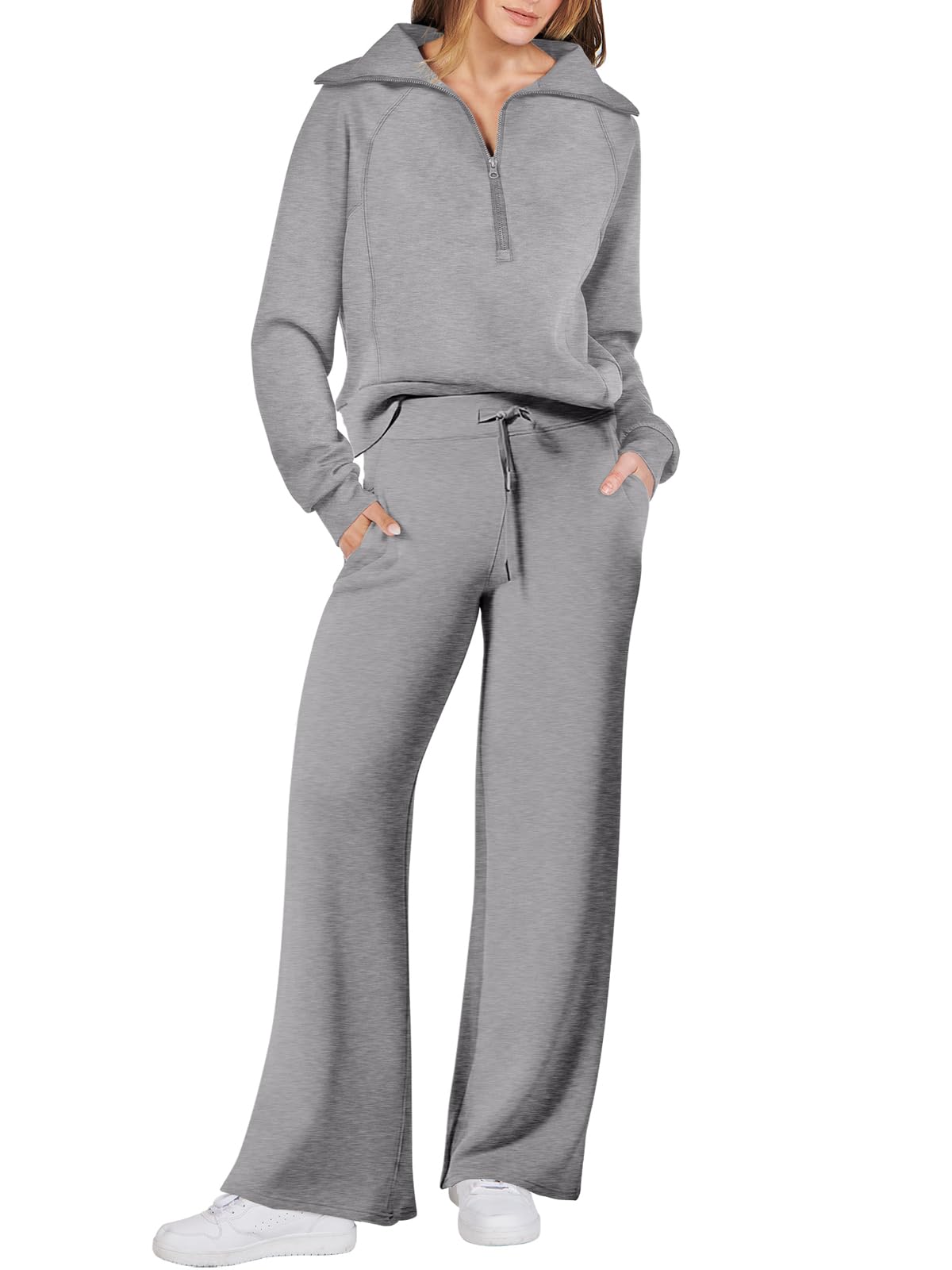 Prinbara Women 2 Piece Outfits Sweatsuit Set Oversized Half Zip Sweatshirt Wide Leg Sweatpant Tracksuit