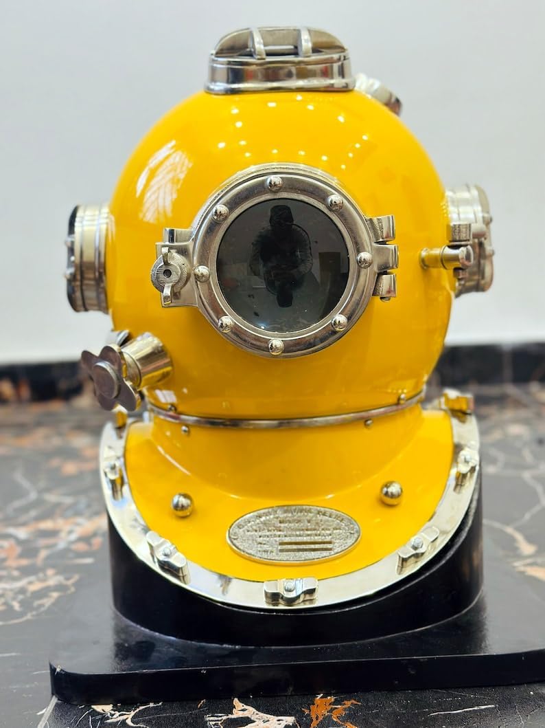 Yellow Scuba Diving Helmet ~ Mark V 18" Inch Scuba Diving Helmet with Wooden Base ~ Maritime Ship's Decorative Helmet ~ Best Decore Gift