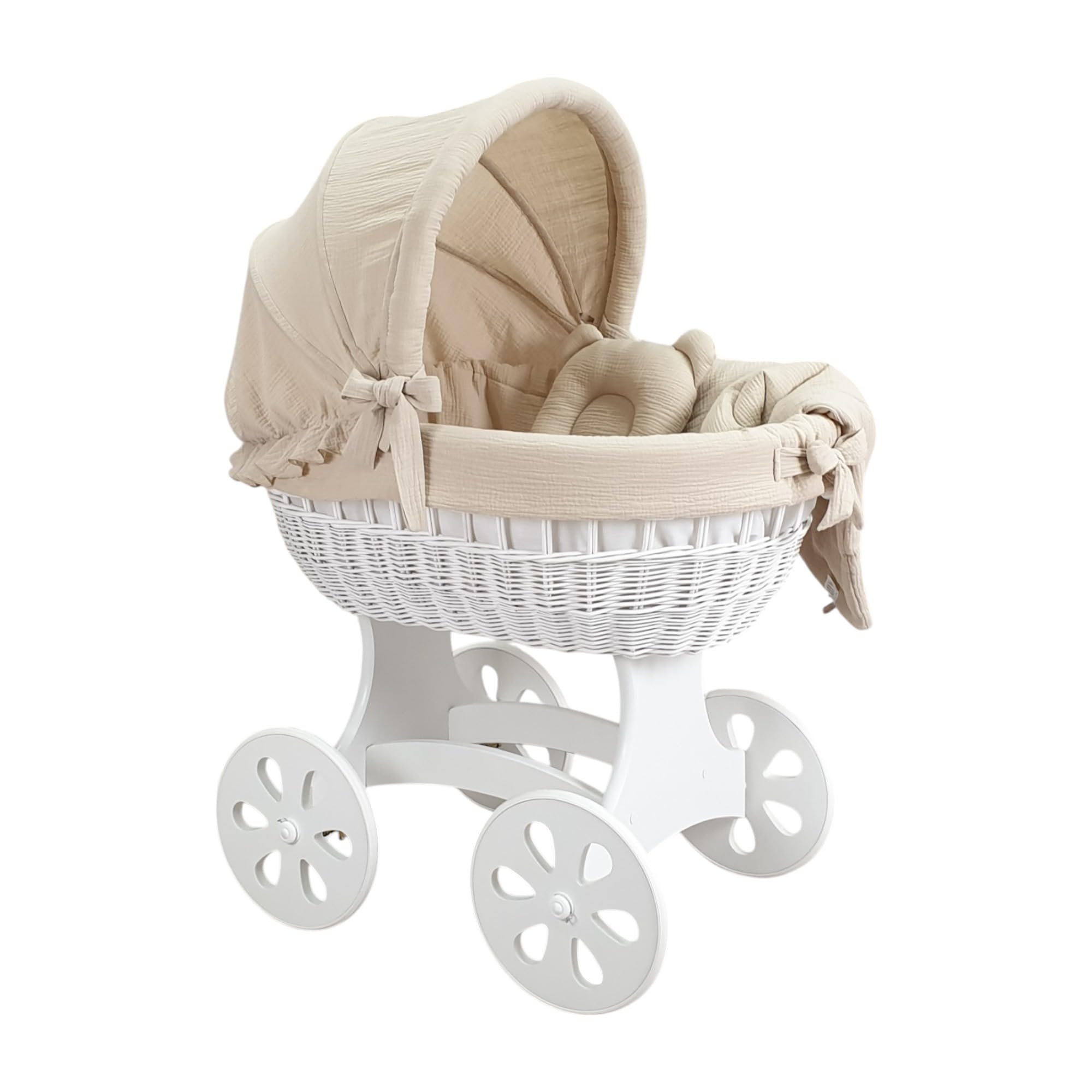 Wiklinopol Couffin Bébé avec Support en Bois et roulettes Annabell – Berceau en Osier avec Matelas et Linge 5 Pièces Mousseline Beige – Poussette de lit Blanc pour Nouveau-né