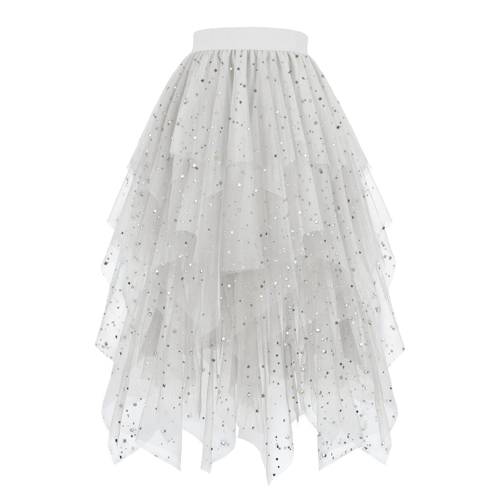 Sequin Tulle Skirts for Women Irregular Layered Sparkly Tutu Skirt Elastic High Waist A-Line Skirt