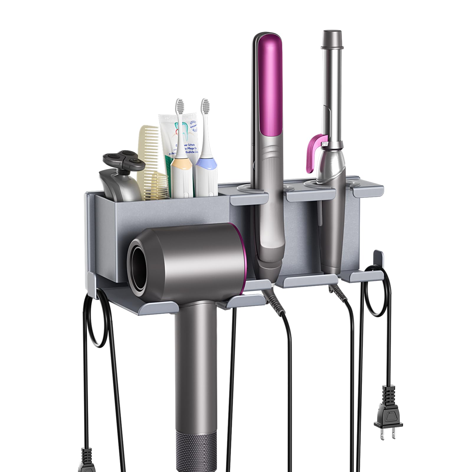 ZDDLOINP Hair Dryer Holder with Plug Hook & Storage Basket, Curling Iron&straightener Holder, Hair Styling Care Tool Organizer, Hairdryer Holder Wall Mounted for Bathroom, Salon Grey