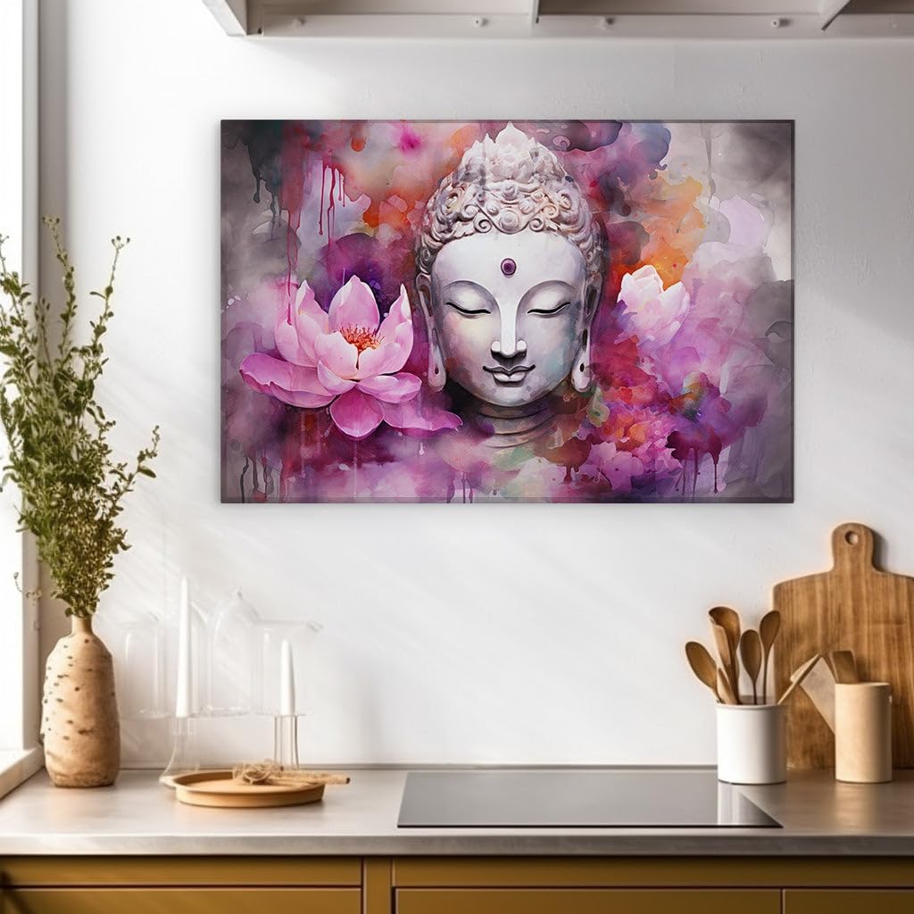 Canvas for Living room. Serenity in Bloom: A Digital Odyssey of a Tranquil Buddha Amidst Lotus Gardens, 27 x 18 inch Canvas Wall Art - Contemporary Masterpieces - Modern Home Decor