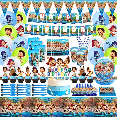 184 pcs Luca Birthday Party Supplies for 10 Guests,Luca Party Decoration With Luca Birthday Banner,Luca Balloons,Cake Topper,Popcorn Box,Blowouts,Tablecloth and plates,Cups,Knives, Forks and Spoons