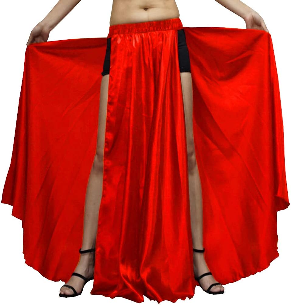 Backgarden Swing Two Side Slit Satin Long Maxi Skirt for Belly Gypsy Tribal Spain Indian Dance Performance Halloween Costume Red : Clothing, Shoes & Jewelry