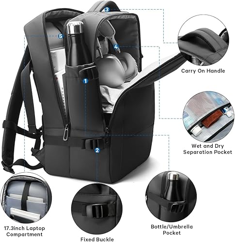 Vista 11 de BANGE Mochilas de viaje, mochilas de mano aprobadas para vuelo, mochila para laptop de 17 pulgadas para bolsa de viaje internacional, mochila