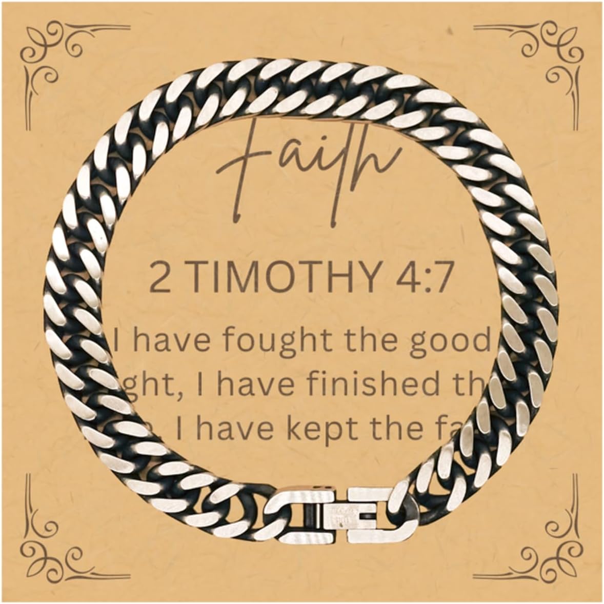 PARN'S Gifts For Christian Bible Verse - 2 Timothy 4:7 - Cuban Link Bracelet Faith Gifts For Son Dad Brother Nephew Boyfriend Husband, Religious Jewelry Bracelet Message Card Box