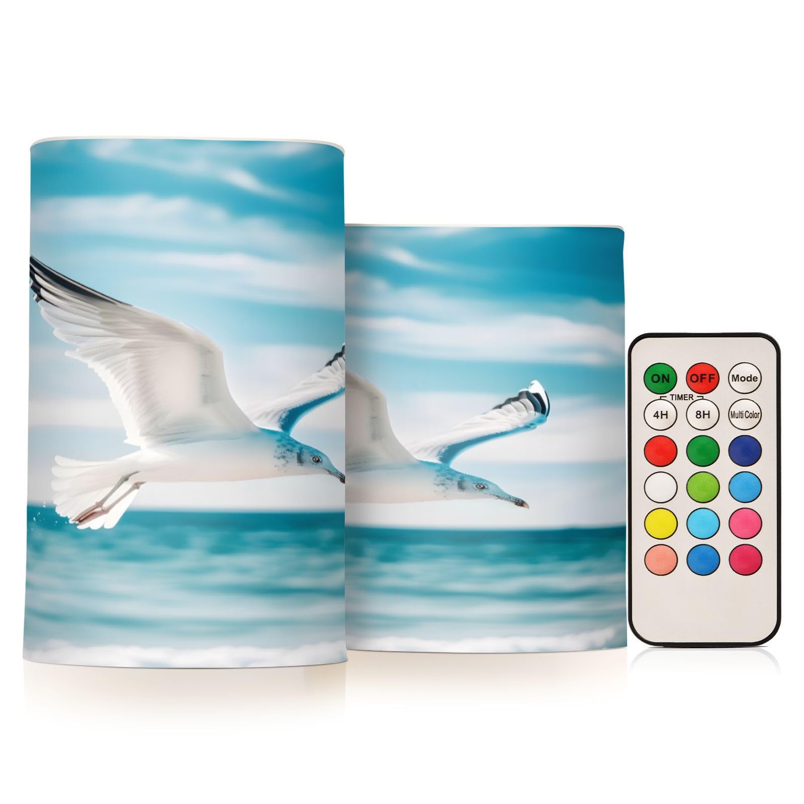 Mnsruu Flickering Flameless Candles Blue Ocean Sky Seagull Bird LED Candles with Remote Timer Set of 2 Battery Operated Candle Home Decoration