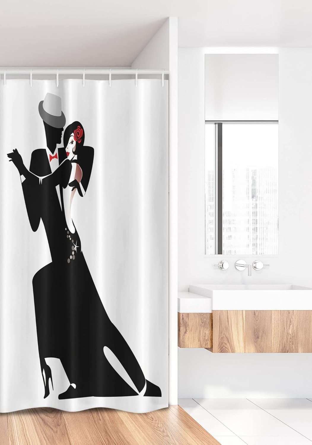 Ambesonne Retro Stall Shower Curtain, Man and Woman Partners Romantic Dance Tango Waltz Lovers in Rhythmic Music Art Print, Fabric Bathroom Decor Set with Hooks, 36" W x 72" L, White Black