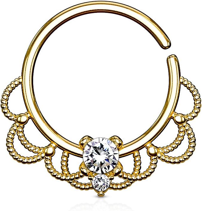 CZ Set Centered Filigree Bendable WildKlass Hoop Rings for Nose Septum, Daith and Ear Cartialge (Gold/Clear)